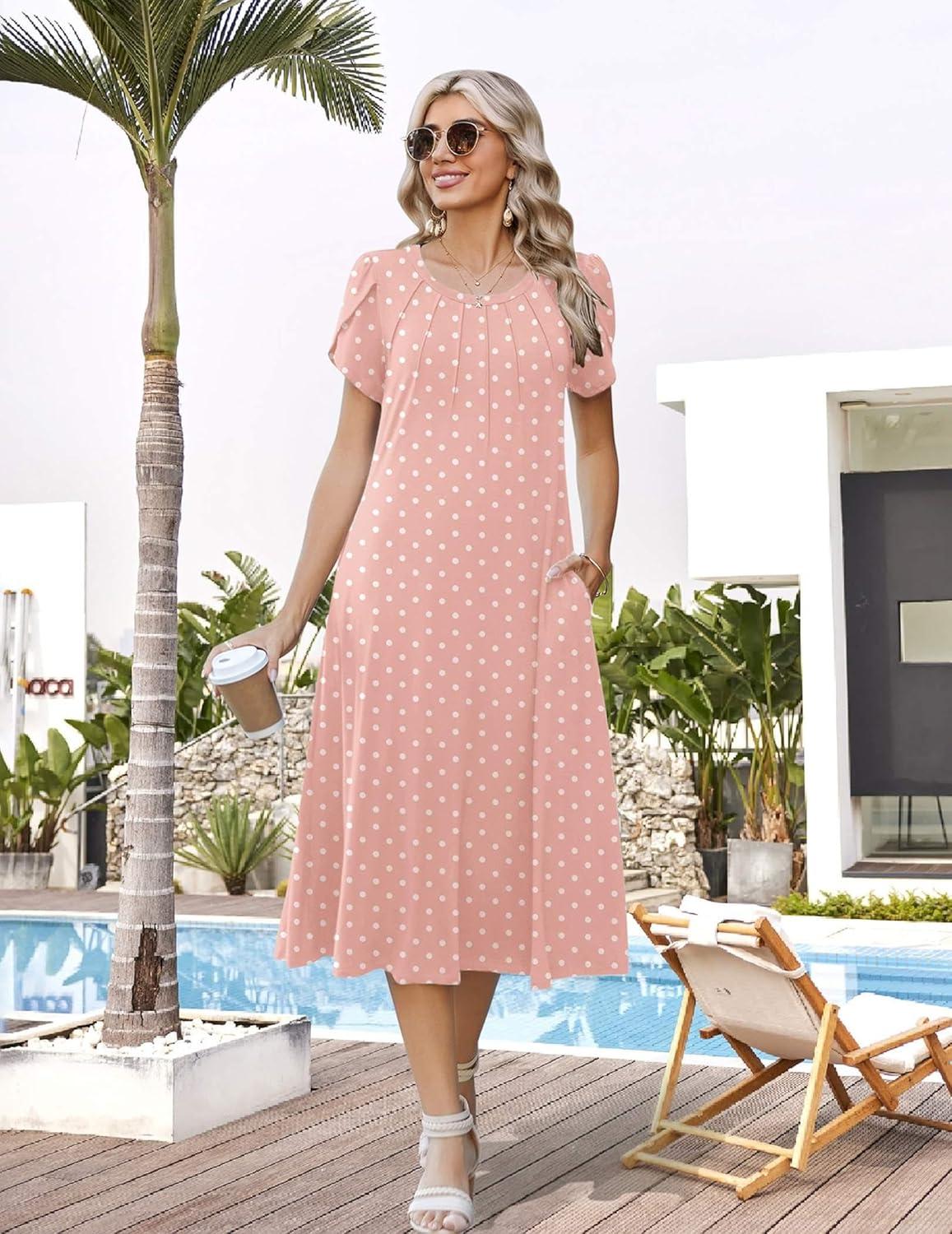 imageZeagoo Womens Casual Summer Dress 2026 Petal Short Sleeve Dresses with Pleats Midi A Line Flowy Dress Boho SundressPink Dot