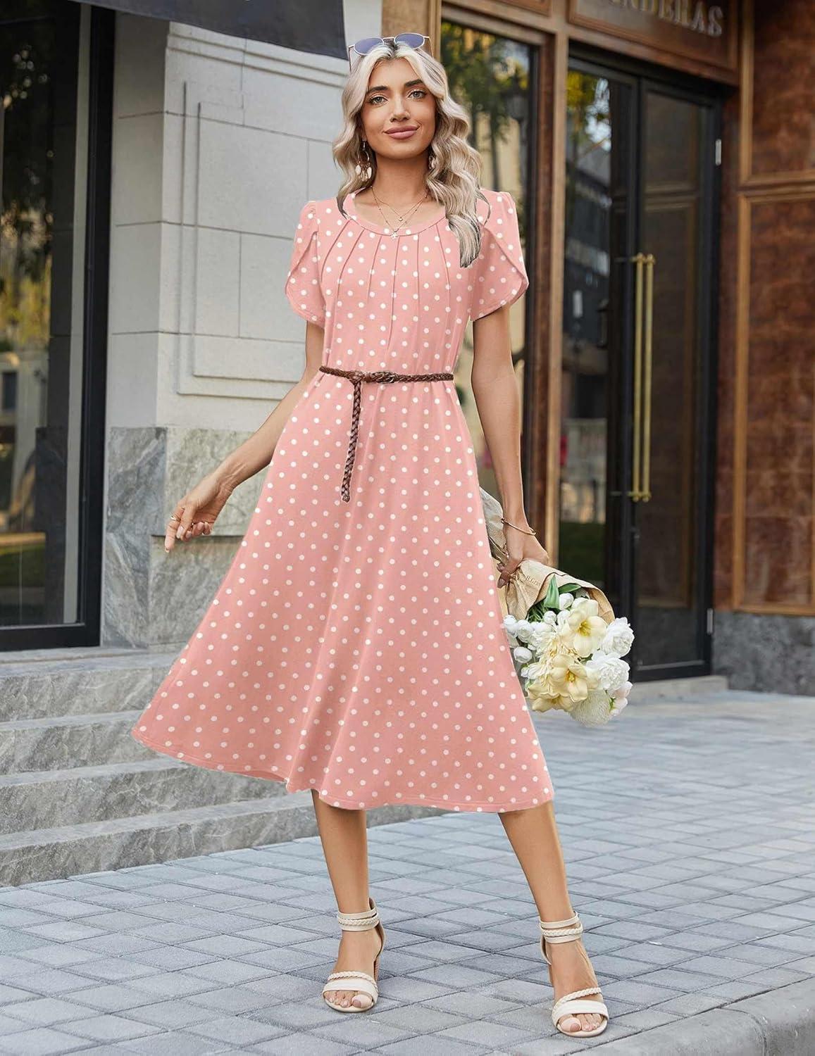 imageZeagoo Womens Casual Summer Dress 2026 Petal Short Sleeve Dresses with Pleats Midi A Line Flowy Dress Boho SundressPink Dot