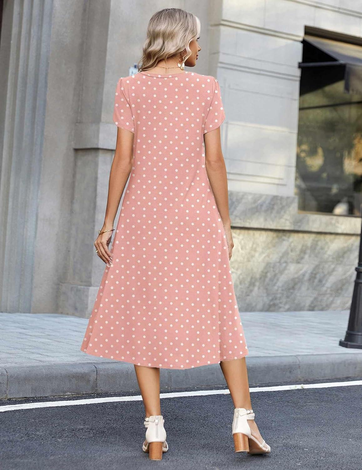 imageZeagoo Womens Casual Summer Dress 2026 Petal Short Sleeve Dresses with Pleats Midi A Line Flowy Dress Boho SundressPink Dot