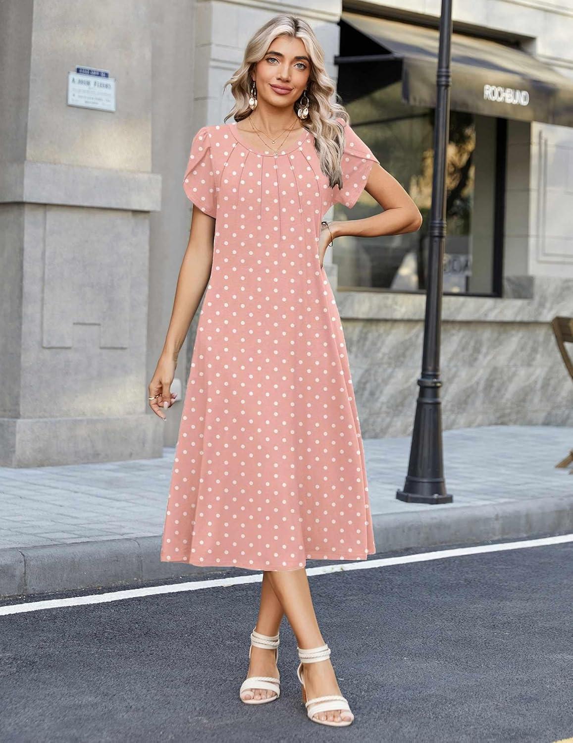 imageZeagoo Womens Casual Summer Dress 2026 Petal Short Sleeve Dresses with Pleats Midi A Line Flowy Dress Boho SundressPink Dot