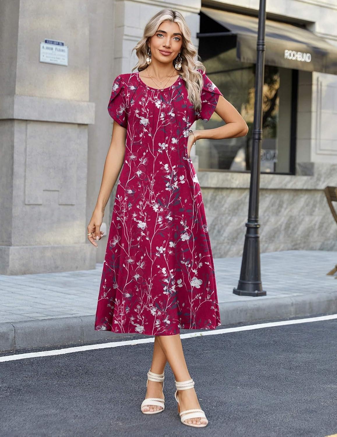 imageZeagoo Womens Casual Summer Dress 2026 Petal Short Sleeve Dresses with Pleats Midi A Line Flowy Dress Boho SundressPurple Red Floral