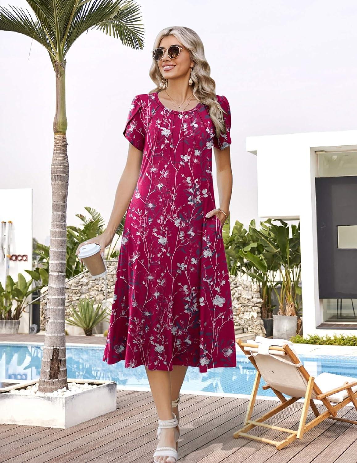 imageZeagoo Womens Casual Summer Dress 2026 Petal Short Sleeve Dresses with Pleats Midi A Line Flowy Dress Boho SundressPurple Red Floral