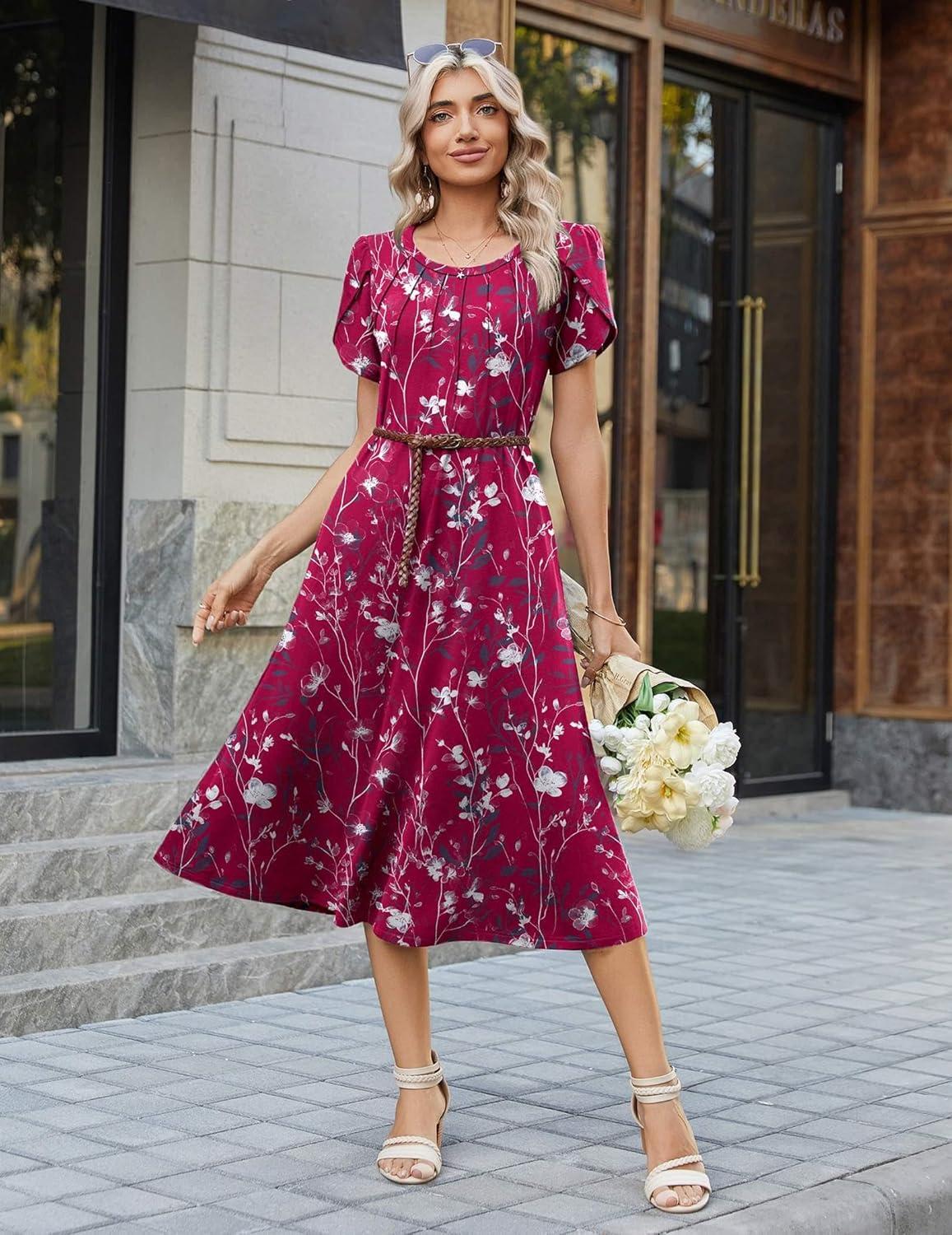 imageZeagoo Womens Casual Summer Dress 2026 Petal Short Sleeve Dresses with Pleats Midi A Line Flowy Dress Boho SundressPurple Red Floral