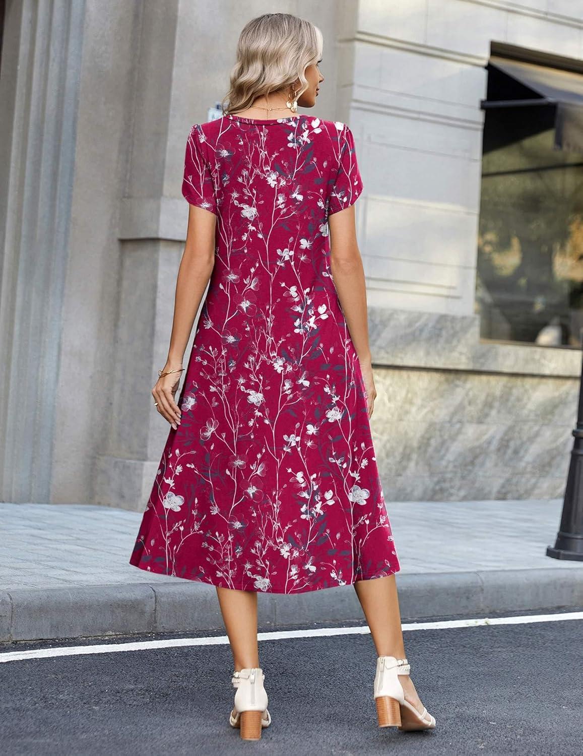 imageZeagoo Womens Casual Summer Dress 2026 Petal Short Sleeve Dresses with Pleats Midi A Line Flowy Dress Boho SundressPurple Red Floral