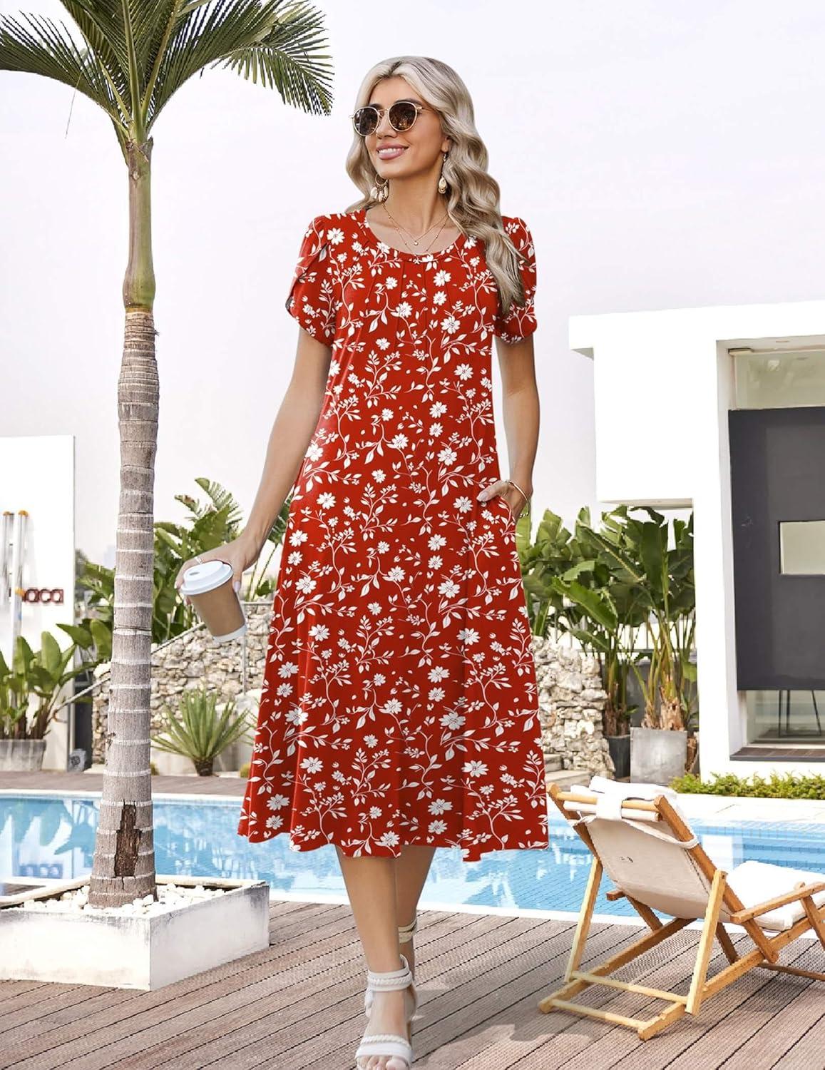 imageZeagoo Womens Casual Summer Dress 2026 Petal Short Sleeve Dresses with Pleats Midi A Line Flowy Dress Boho SundressRed Floral
