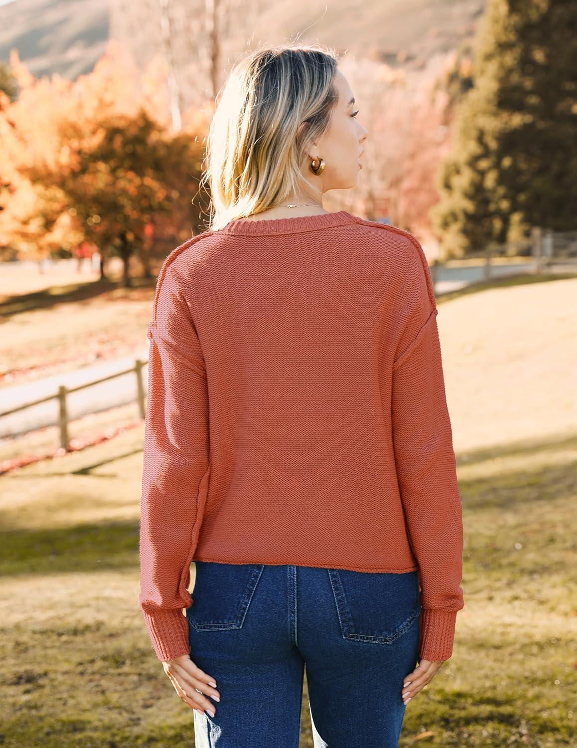 imageZeagoo Womens Crew Neck Cropped Sweater 2025 Fall Long Sleeve Chunky Knit Pullover Sweater TopsRust