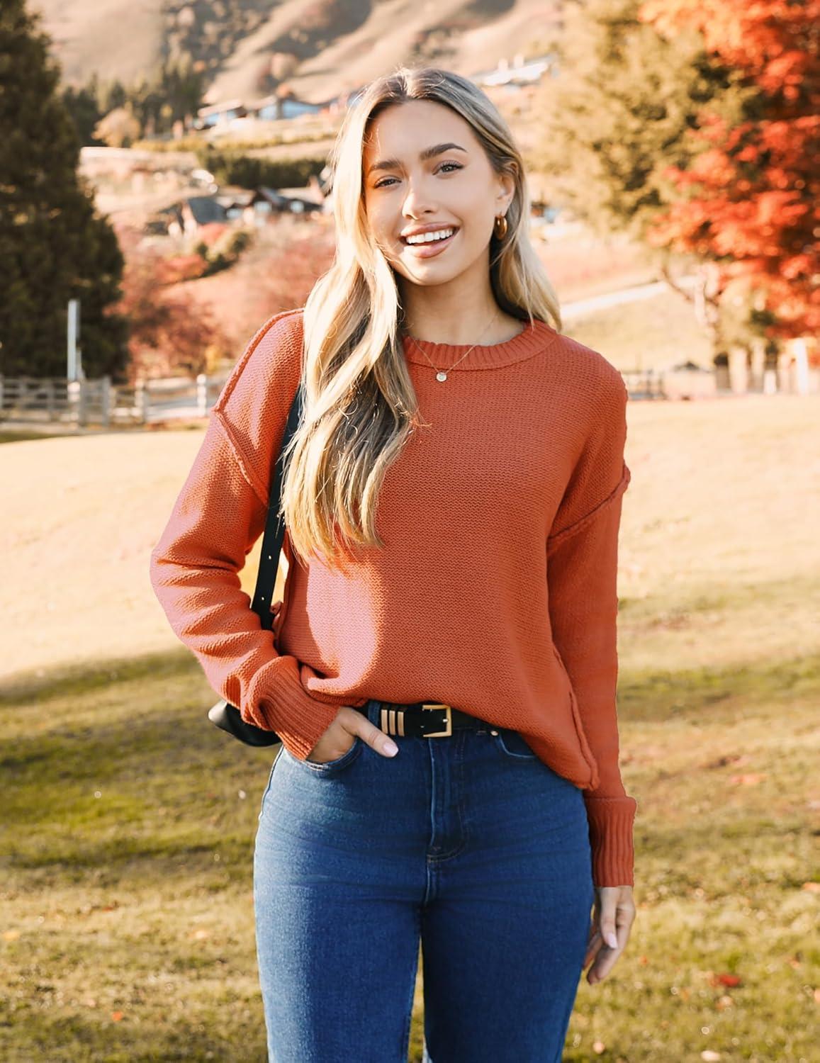 imageZeagoo Womens Crew Neck Cropped Sweater 2025 Fall Long Sleeve Chunky Knit Pullover Sweater TopsRust