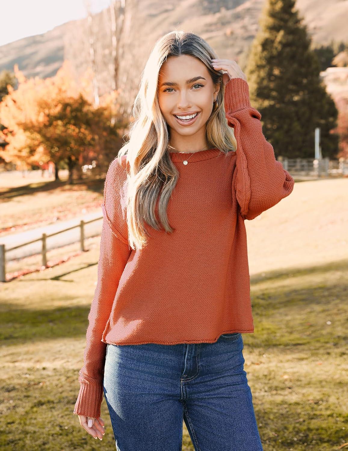 imageZeagoo Womens Crew Neck Cropped Sweater 2025 Fall Long Sleeve Chunky Knit Pullover Sweater TopsRust
