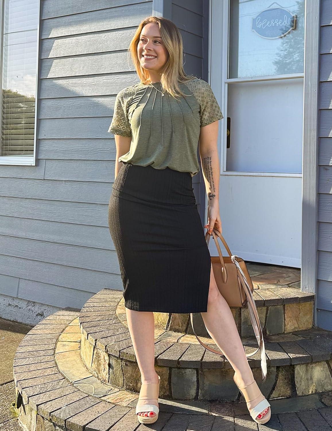 imageZeagoo Womens Knit Midi Skirts Casual Pencil Skirt High Waisted Long Skirt with Slit Elegant Work Office SkirtsBlack