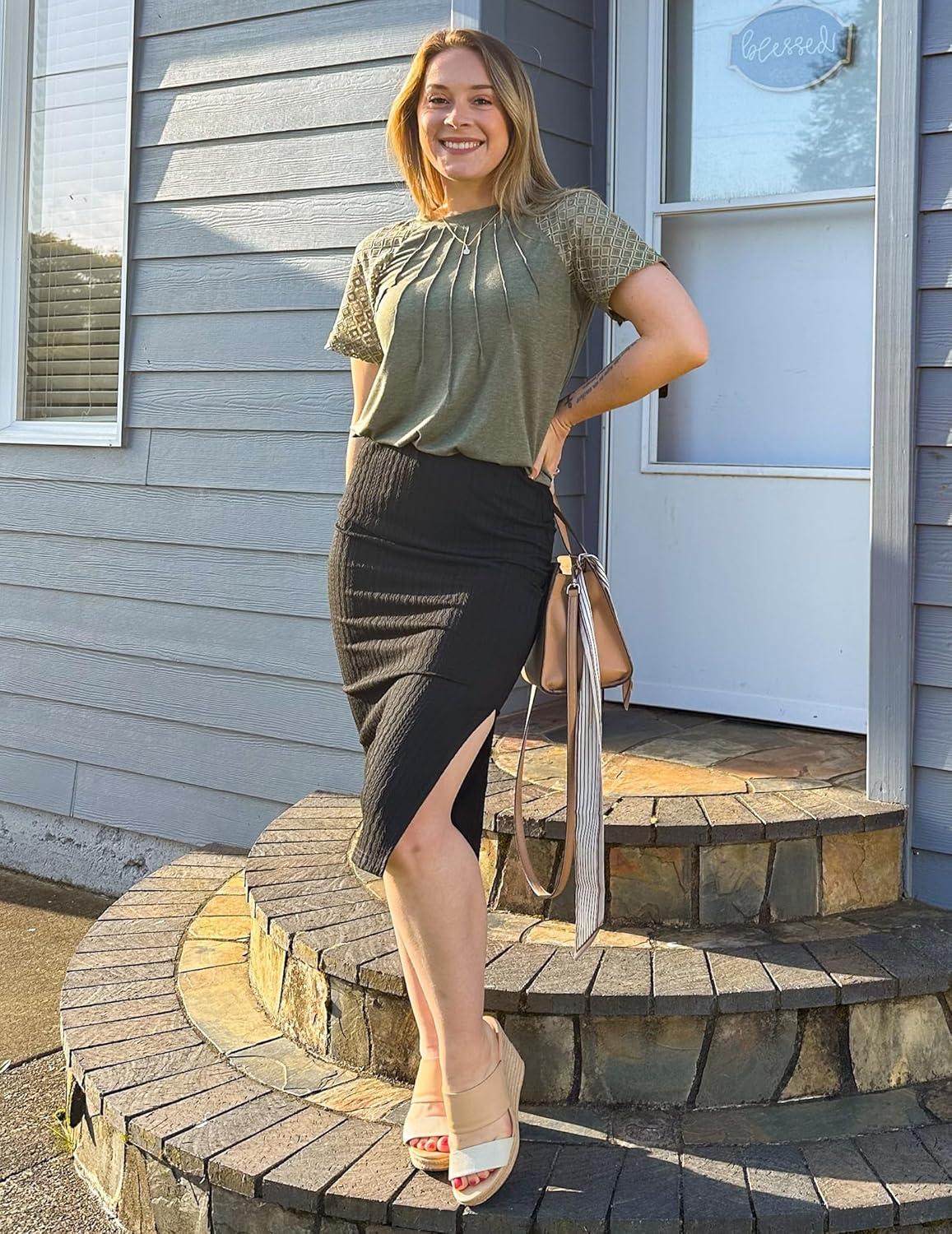 imageZeagoo Womens Knit Midi Skirts Casual Pencil Skirt High Waisted Long Skirt with Slit Elegant Work Office SkirtsBlack
