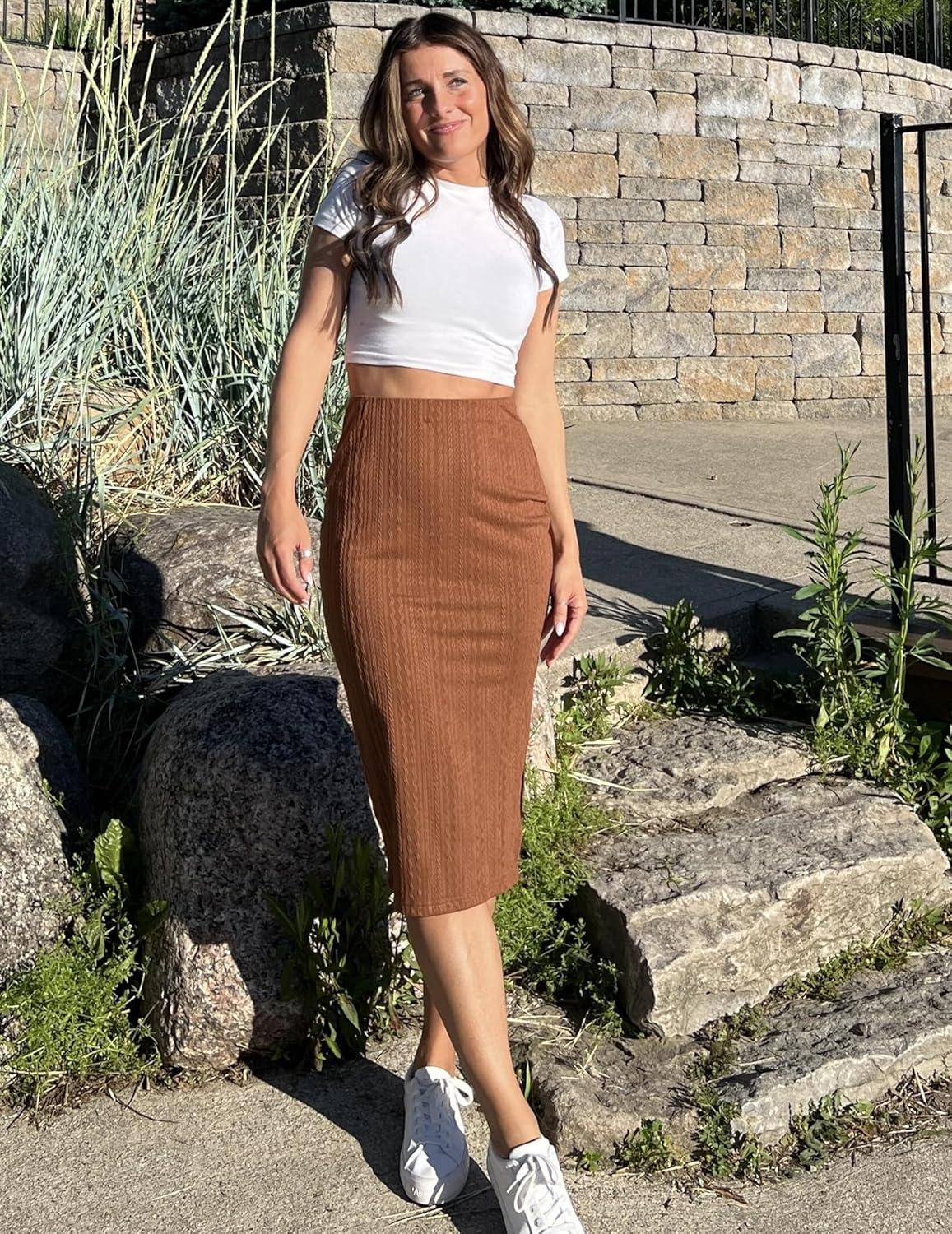 imageZeagoo Womens Knit Midi Skirts Casual Pencil Skirt High Waisted Long Skirt with Slit Elegant Work Office SkirtsBrown
