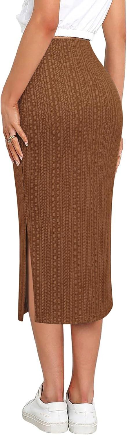 imageZeagoo Womens Knit Midi Skirts Casual Pencil Skirt High Waisted Long Skirt with Slit Elegant Work Office SkirtsBrown