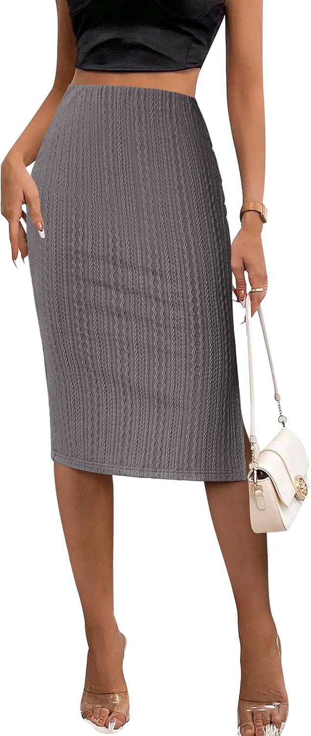 imageZeagoo Womens Knit Midi Skirts Casual Pencil Skirt High Waisted Long Skirt with Slit Elegant Work Office SkirtsDark Gray