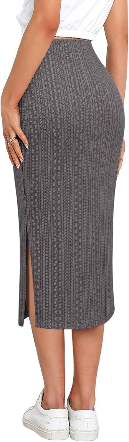 imageZeagoo Womens Knit Midi Skirts Casual Pencil Skirt High Waisted Long Skirt with Slit Elegant Work Office SkirtsDark Gray