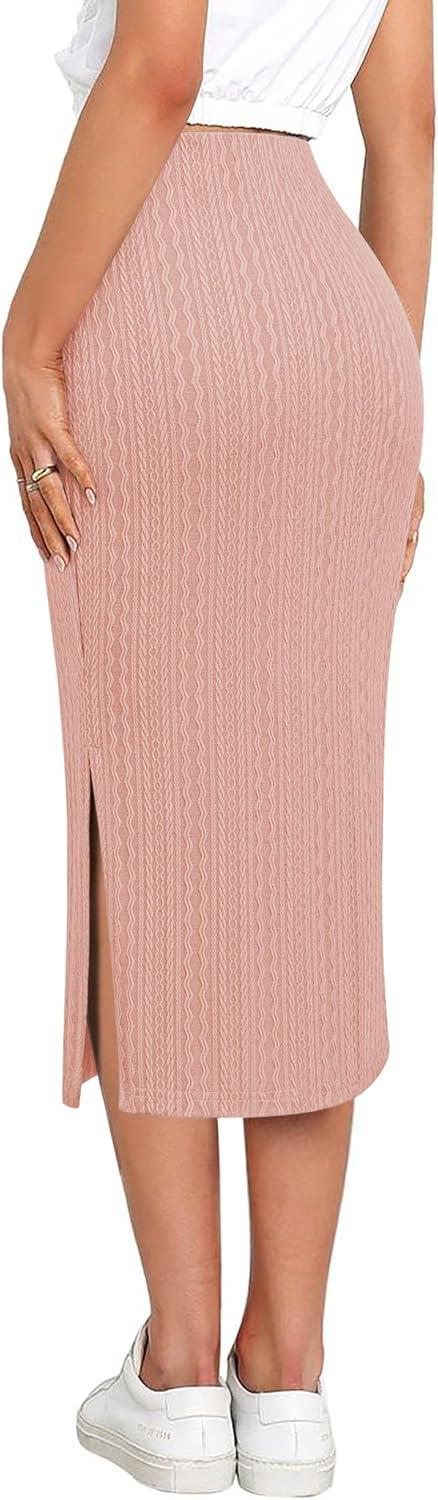 imageZeagoo Womens Knit Midi Skirts Casual Pencil Skirt High Waisted Long Skirt with Slit Elegant Work Office SkirtsRose Pink