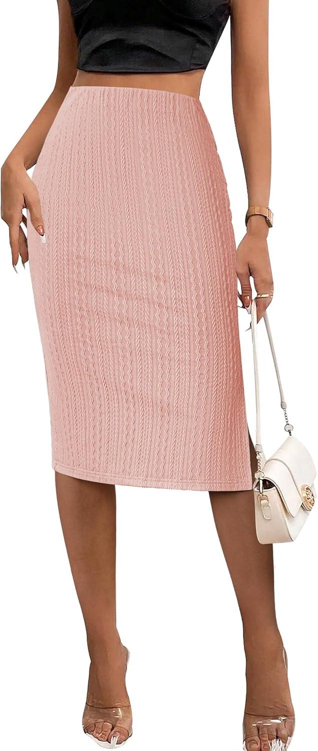 imageZeagoo Womens Knit Midi Skirts Casual Pencil Skirt High Waisted Long Skirt with Slit Elegant Work Office SkirtsRose Pink