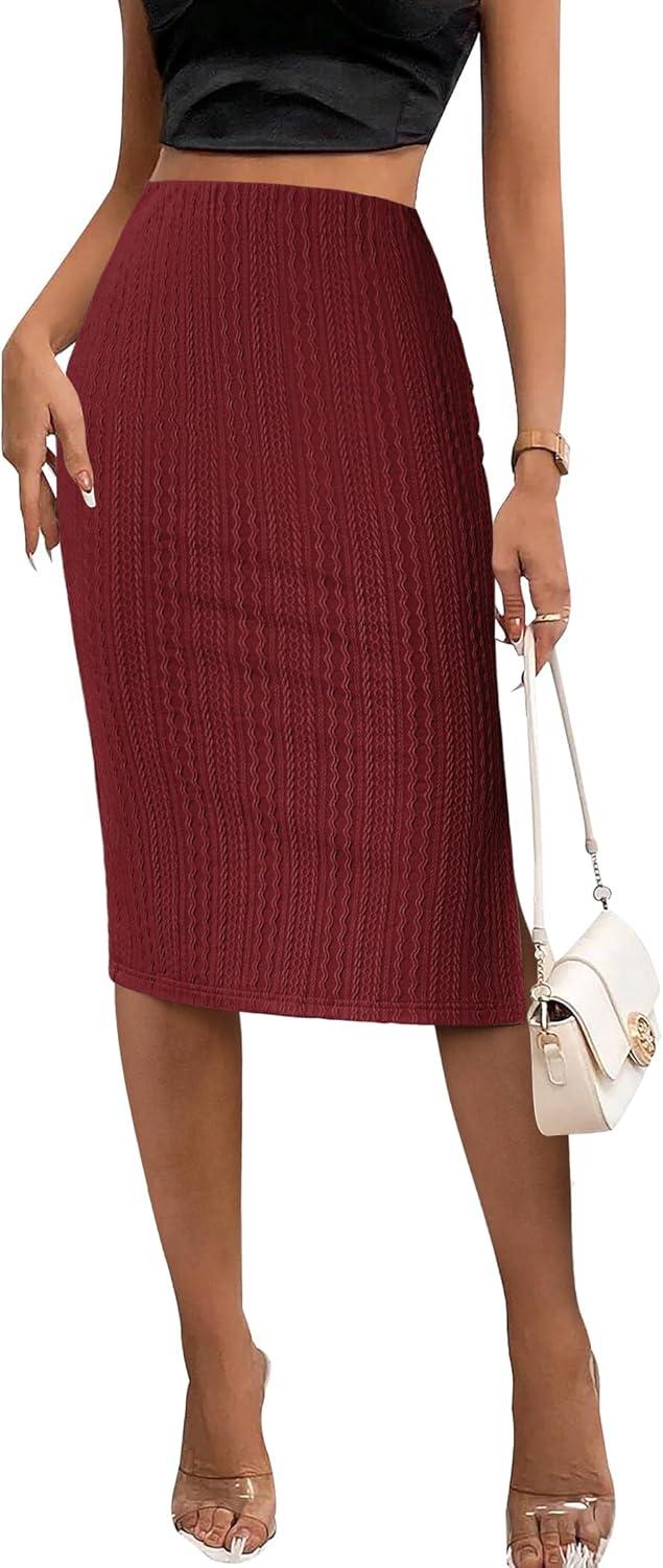 imageZeagoo Womens Knit Midi Skirts Casual Pencil Skirt High Waisted Long Skirt with Slit Elegant Work Office SkirtsWine Red