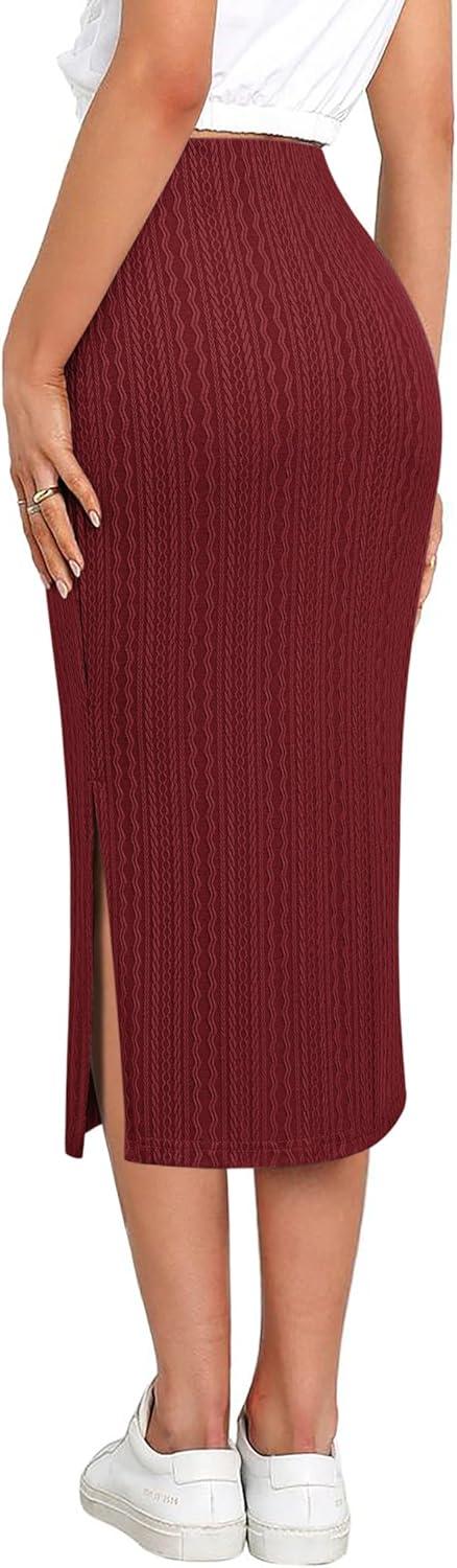 imageZeagoo Womens Knit Midi Skirts Casual Pencil Skirt High Waisted Long Skirt with Slit Elegant Work Office SkirtsWine Red