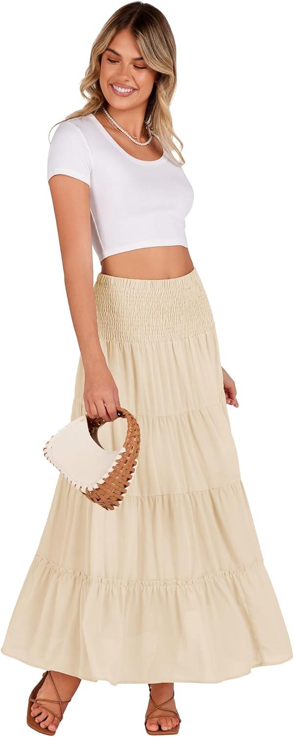 imageZeagoo Womens Long Maxi Skirts Tiered Elastic High Waist Boho Double Layered Print ALine Casual Midi DressBeige