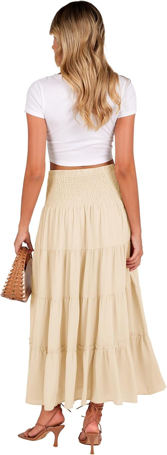 imageZeagoo Womens Long Maxi Skirts Tiered Elastic High Waist Boho Double Layered Print ALine Casual Midi DressBeige