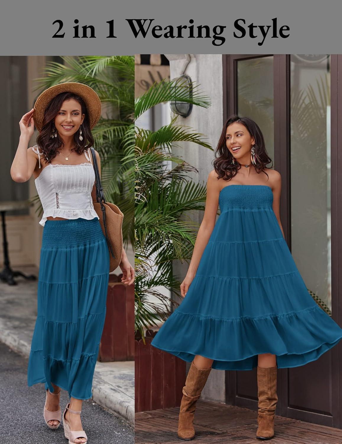 imageZeagoo Womens Long Maxi Skirts Tiered Elastic High Waist Boho Double Layered Print ALine Casual Midi DressLake Blue