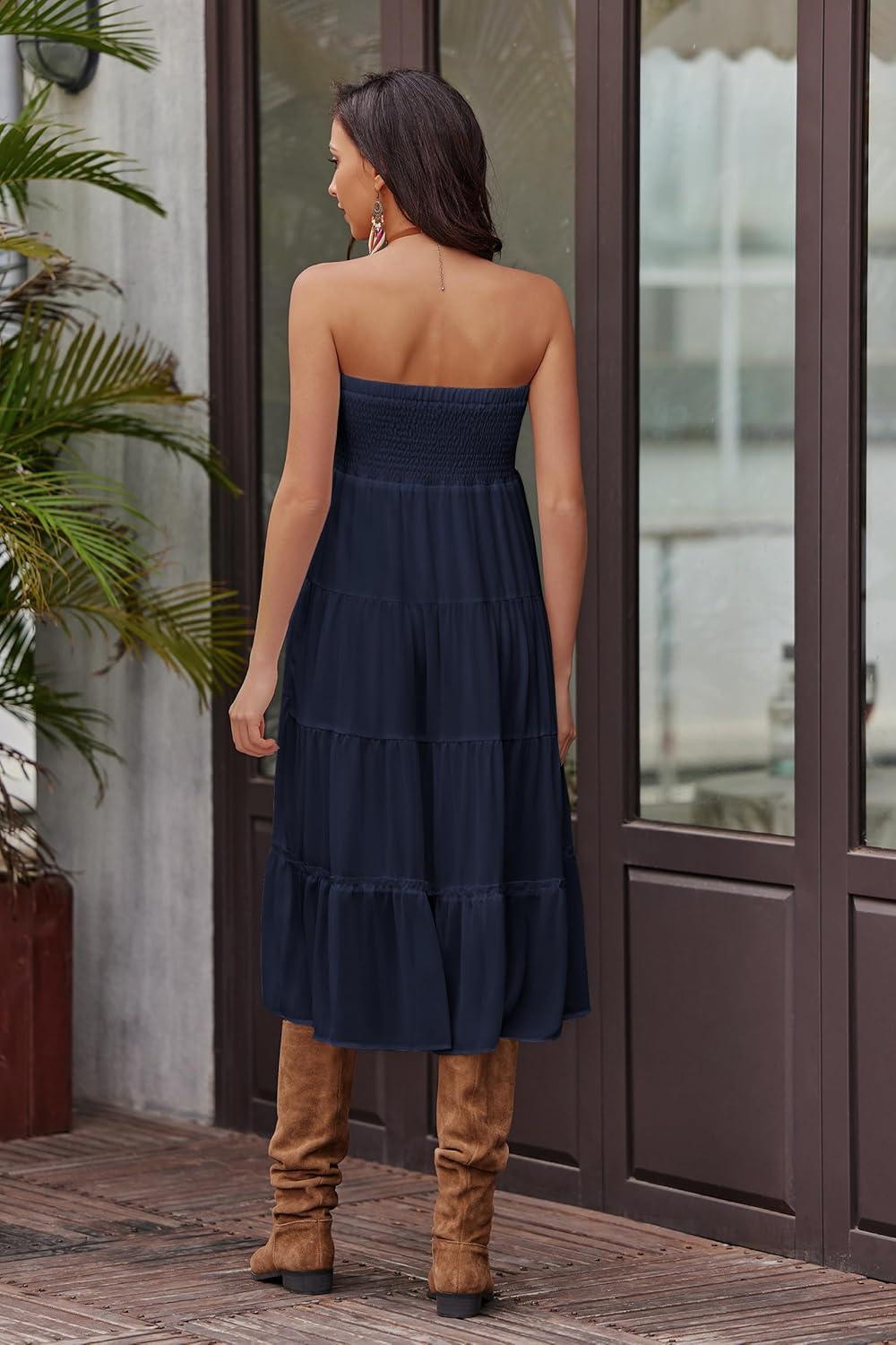 imageZeagoo Womens Long Maxi Skirts Tiered Elastic High Waist Boho Double Layered Print ALine Casual Midi DressNavy Blue