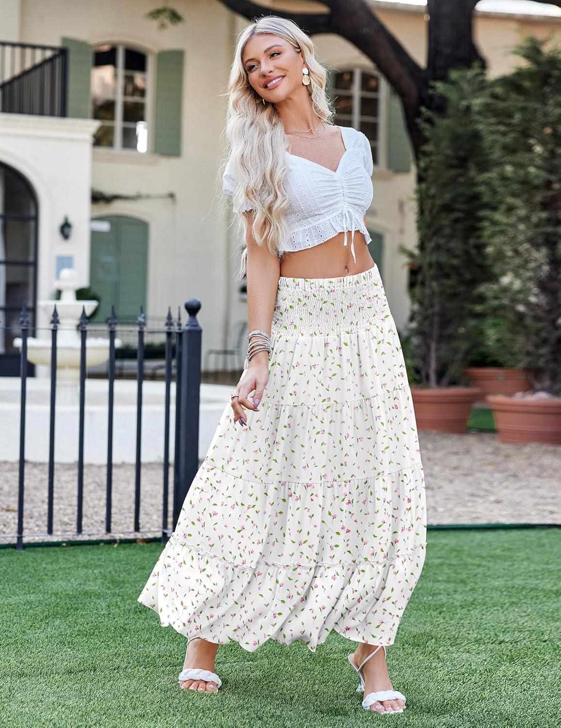 imageZeagoo Womens Long Maxi Skirts Tiered Elastic High Waist Boho Double Layered Print ALine Casual Midi DressPattern 3