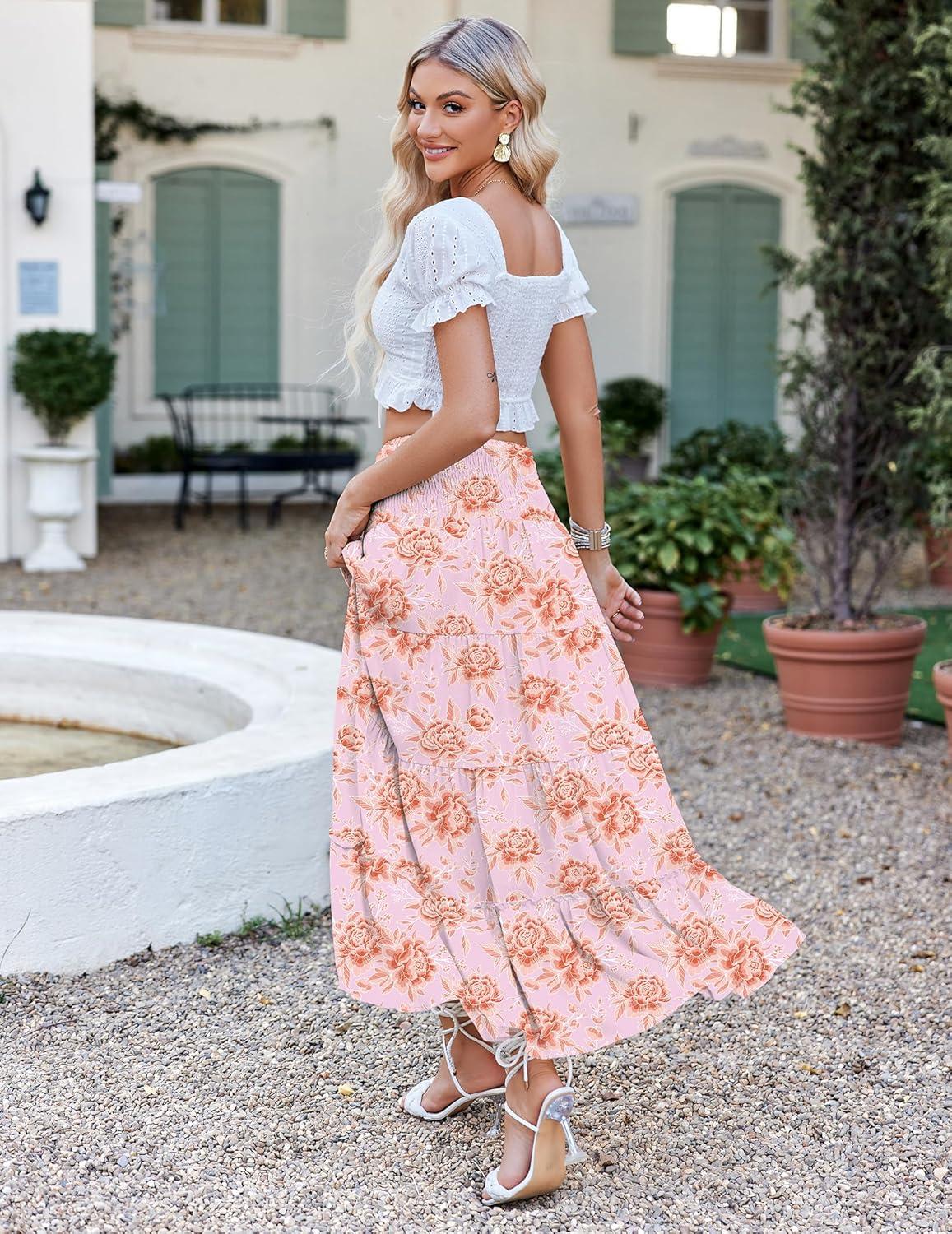 imageZeagoo Womens Long Maxi Skirts Tiered Elastic High Waist Boho Double Layered Print ALine Casual Midi DressPink Orange Floral