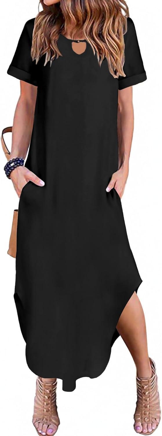 imageZeagoo Womens Maxi Summer Dress with Pockets Casual Short Sleeve Sundress Trendy 2026 Curve Hem Long DressBlack