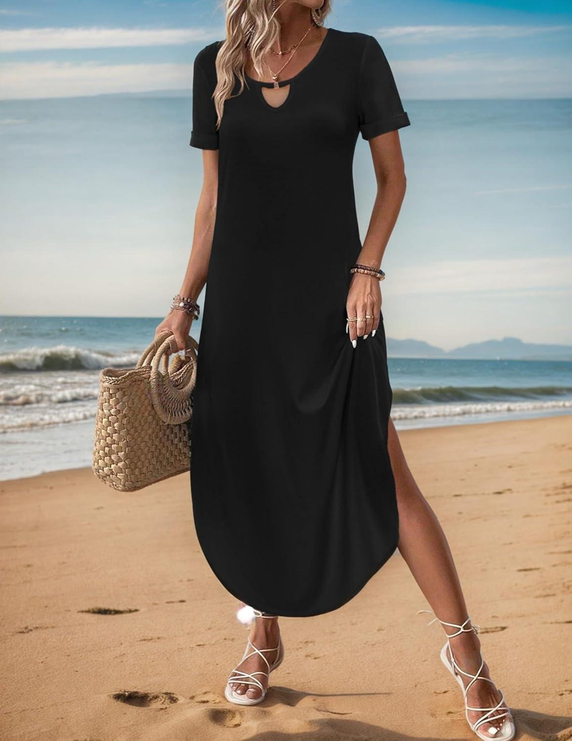 imageZeagoo Womens Maxi Summer Dress with Pockets Casual Short Sleeve Sundress Trendy 2026 Curve Hem Long DressBlack