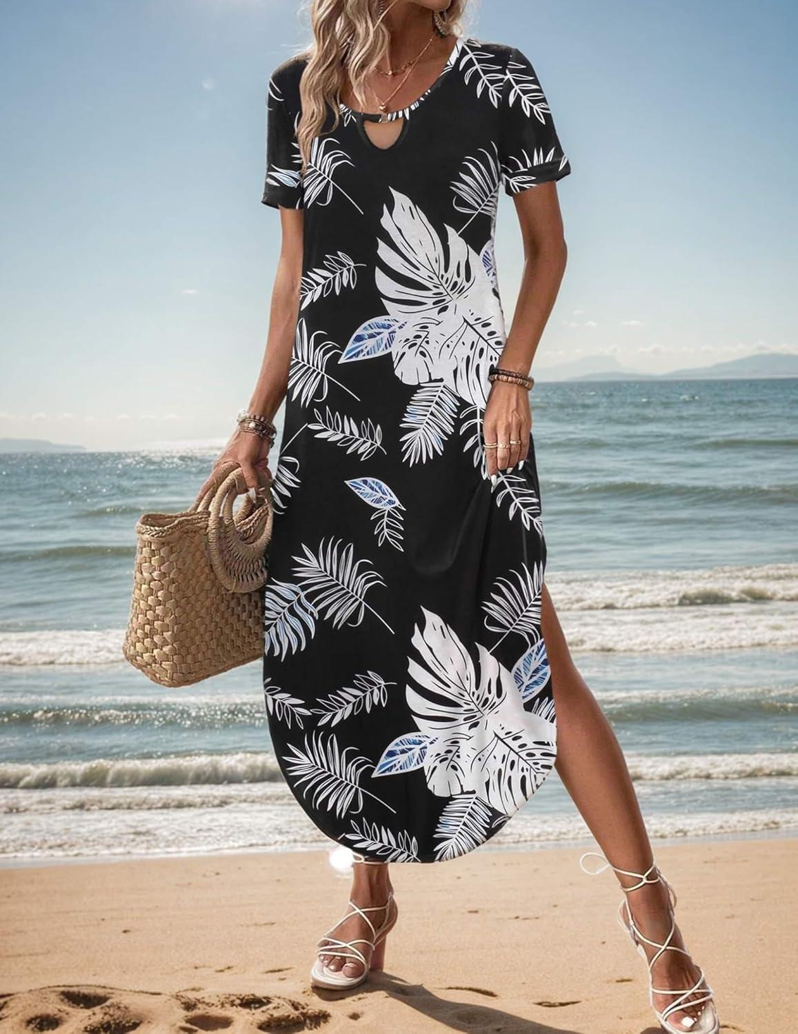 imageZeagoo Womens Maxi Summer Dress with Pockets Casual Short Sleeve Sundress Trendy 2026 Curve Hem Long DressBlackleafprinted