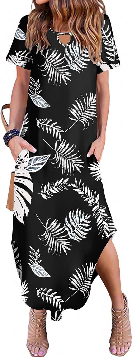 imageZeagoo Womens Maxi Summer Dress with Pockets Casual Short Sleeve Sundress Trendy 2026 Curve Hem Long DressBlackleafprinted