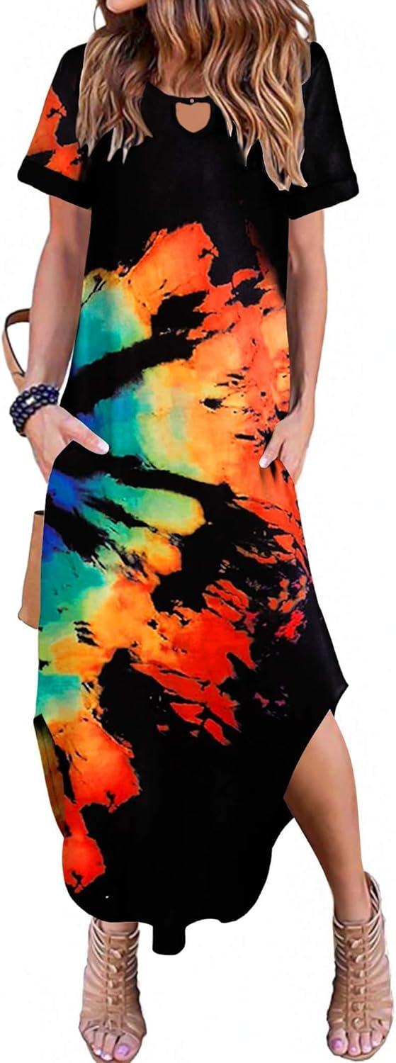 imageZeagoo Womens Maxi Summer Dress with Pockets Casual Short Sleeve Sundress Trendy 2026 Curve Hem Long DressBlackprinted01