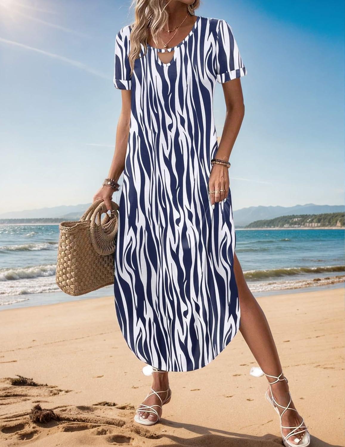 imageZeagoo Womens Maxi Summer Dress with Pockets Casual Short Sleeve Sundress Trendy 2026 Curve Hem Long DressBlue Printed01
