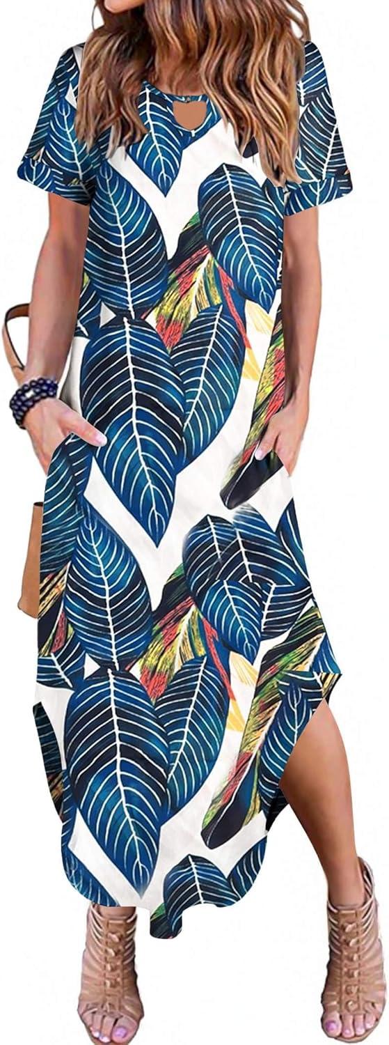 imageZeagoo Womens Maxi Summer Dress with Pockets Casual Short Sleeve Sundress Trendy 2026 Curve Hem Long DressLeafprinted01