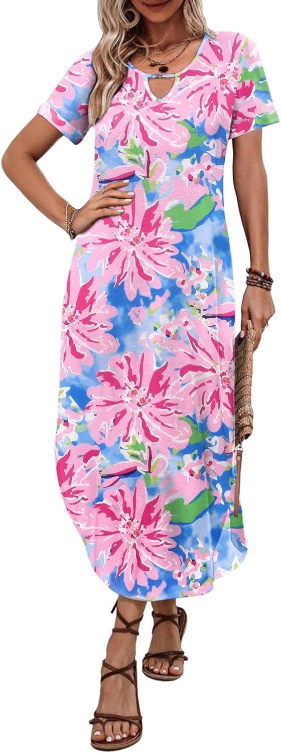 imageZeagoo Womens Maxi Summer Dress with Pockets Casual Short Sleeve Sundress Trendy 2026 Curve Hem Long DressPink Floral02