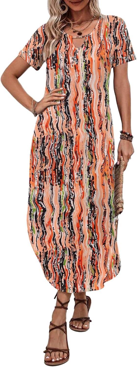 imageZeagoo Womens Maxi Summer Dress with Pockets Casual Short Sleeve Sundress Trendy 2026 Curve Hem Long DressPrinted044