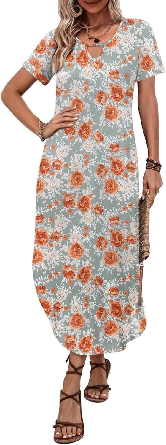 imageZeagoo Womens Maxi Summer Dress with Pockets Casual Short Sleeve Sundress Trendy 2026 Curve Hem Long DressRed Floral