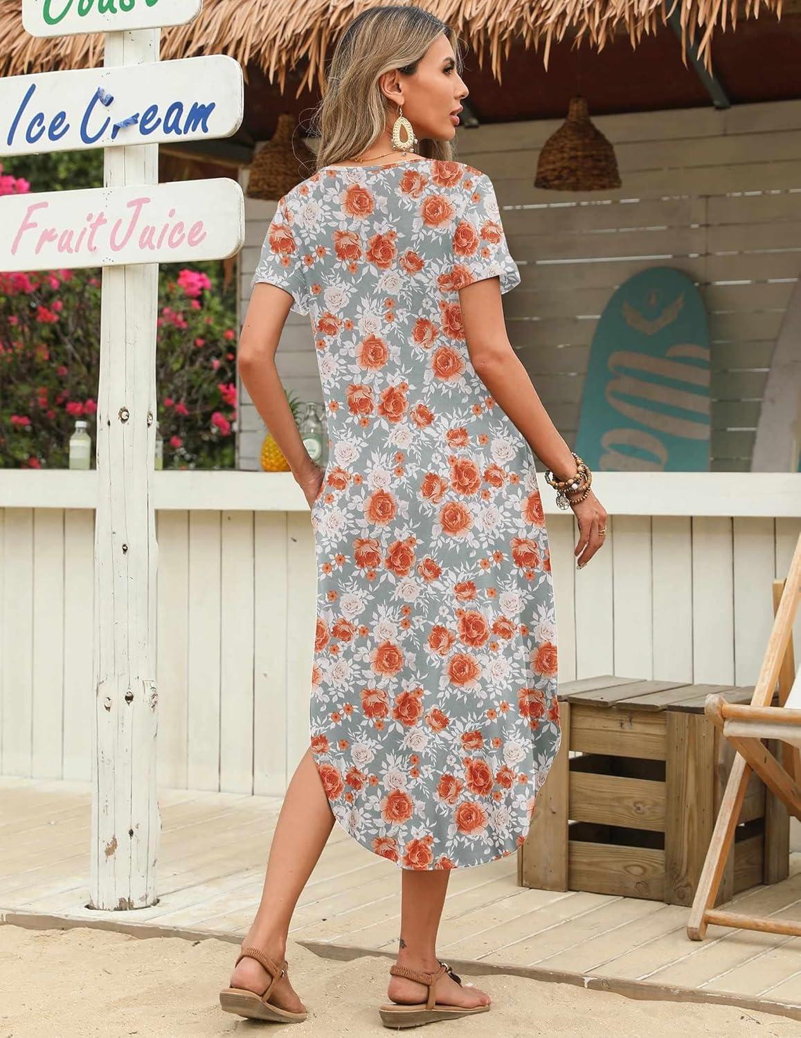 imageZeagoo Womens Maxi Summer Dress with Pockets Casual Short Sleeve Sundress Trendy 2026 Curve Hem Long DressRed Floral