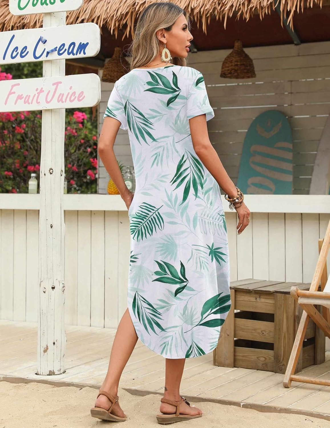 imageZeagoo Womens Maxi Summer Dress with Pockets Casual Short Sleeve Sundress Trendy 2026 Curve Hem Long DressWhiteleafprinted