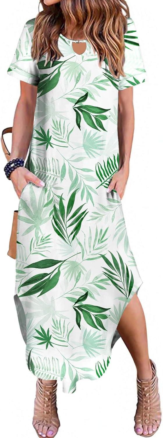 imageZeagoo Womens Maxi Summer Dress with Pockets Casual Short Sleeve Sundress Trendy 2026 Curve Hem Long DressWhiteleafprinted