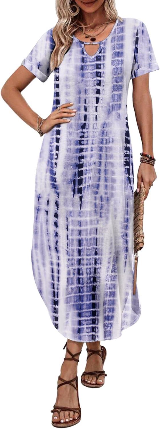imageZeagoo Womens Maxi Summer Dress with Pockets Casual Short Sleeve Sundress Trendy 2026 Curve Hem Long DressWhiteprinted