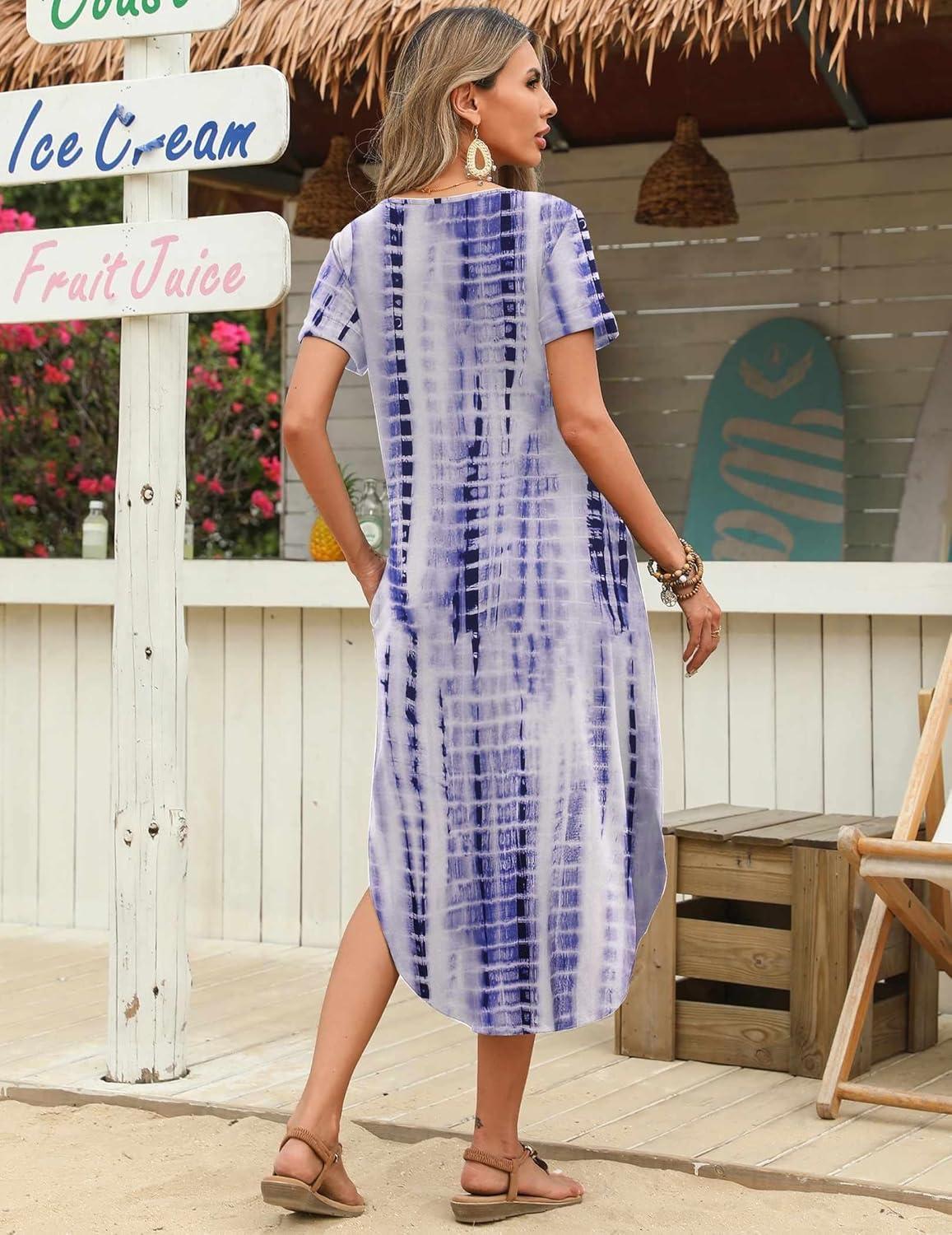 imageZeagoo Womens Maxi Summer Dress with Pockets Casual Short Sleeve Sundress Trendy 2026 Curve Hem Long DressWhiteprinted