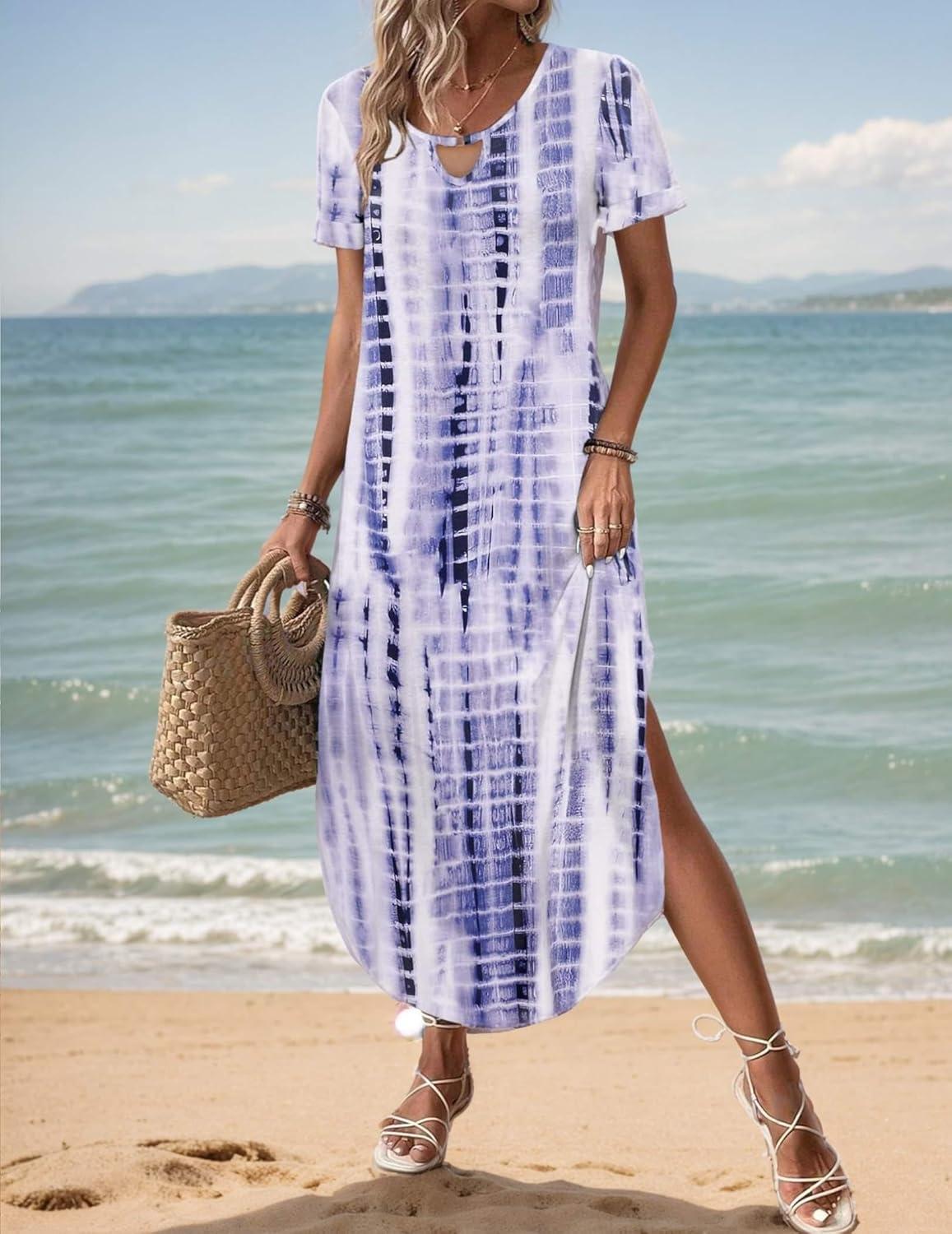 imageZeagoo Womens Maxi Summer Dress with Pockets Casual Short Sleeve Sundress Trendy 2026 Curve Hem Long DressWhiteprinted