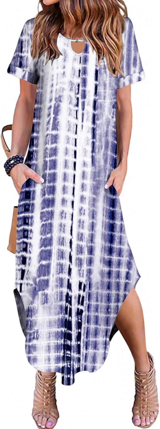 imageZeagoo Womens Maxi Summer Dress with Pockets Casual Short Sleeve Sundress Trendy 2026 Curve Hem Long DressWhiteprinted