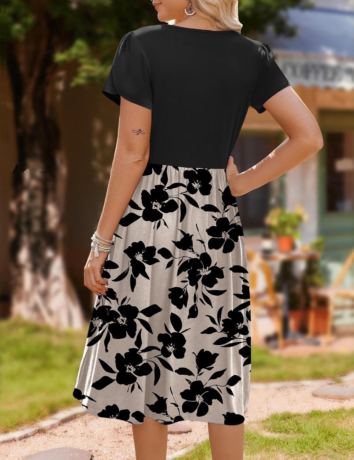 imageZeagoo Womens Midi Dress Summer Short Sleeve Dress with Pockets 2025 Casual Floral TShirt Dress Flowy Beach SundressBlackfloral03