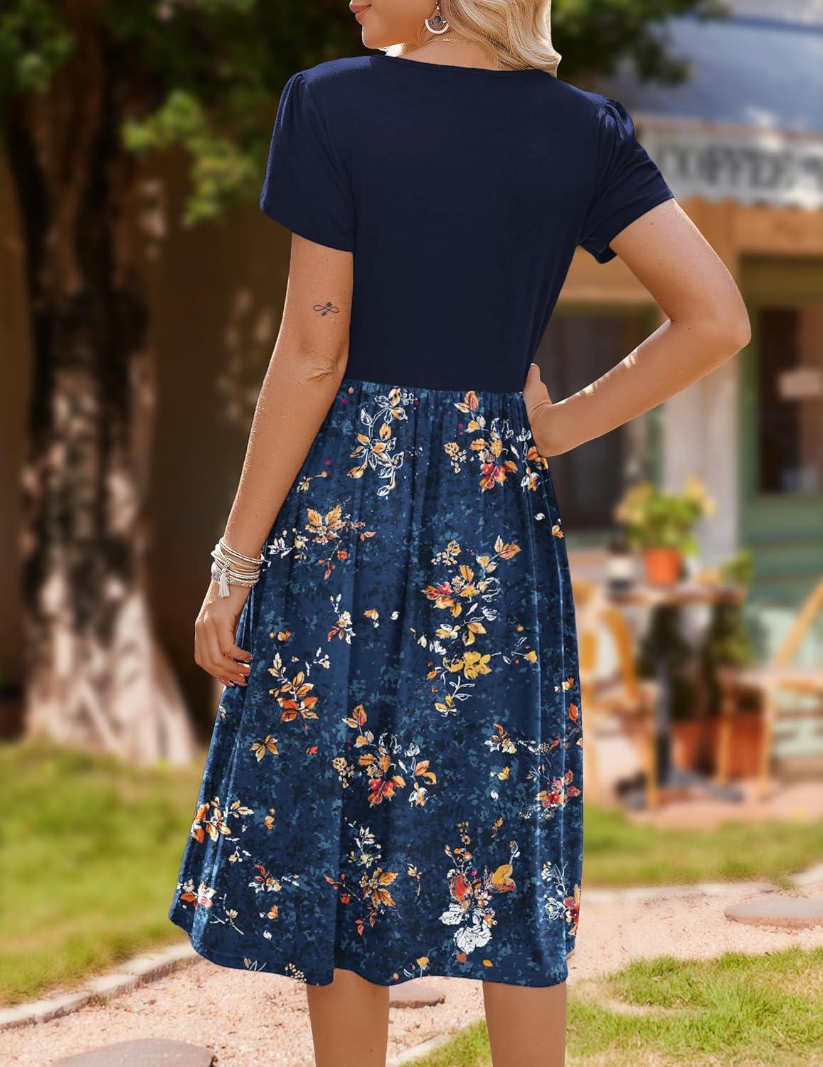 imageZeagoo Womens Midi Dress Summer Short Sleeve Dress with Pockets 2025 Casual Floral TShirt Dress Flowy Beach SundressNavybluefloral