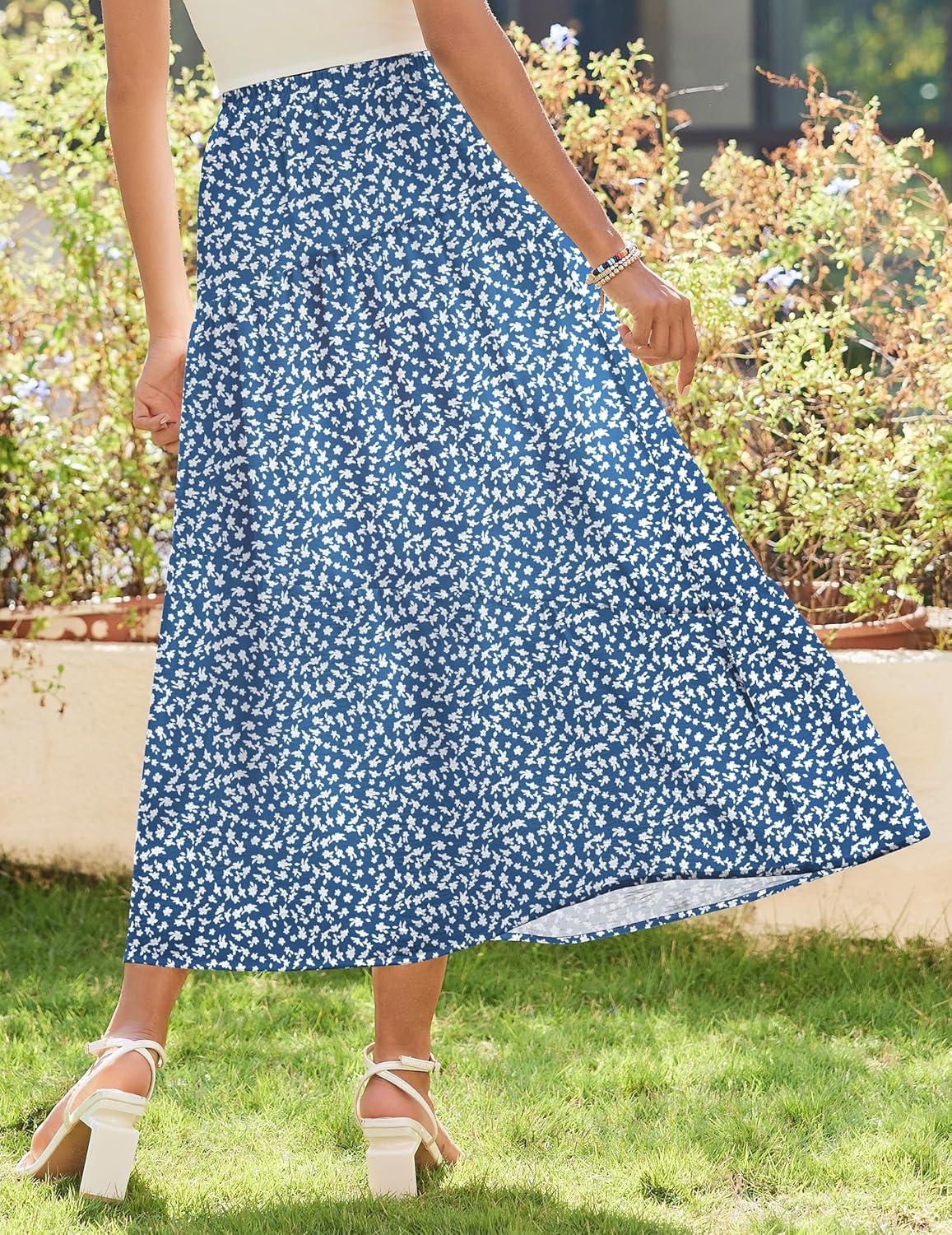 imageZeagoo Womens Midi Summer 2025 Boho Elastic High Waist ALine Flowy Swing Asymmetric Tiered Skirt Dress with Pockets01royal Blue Floral
