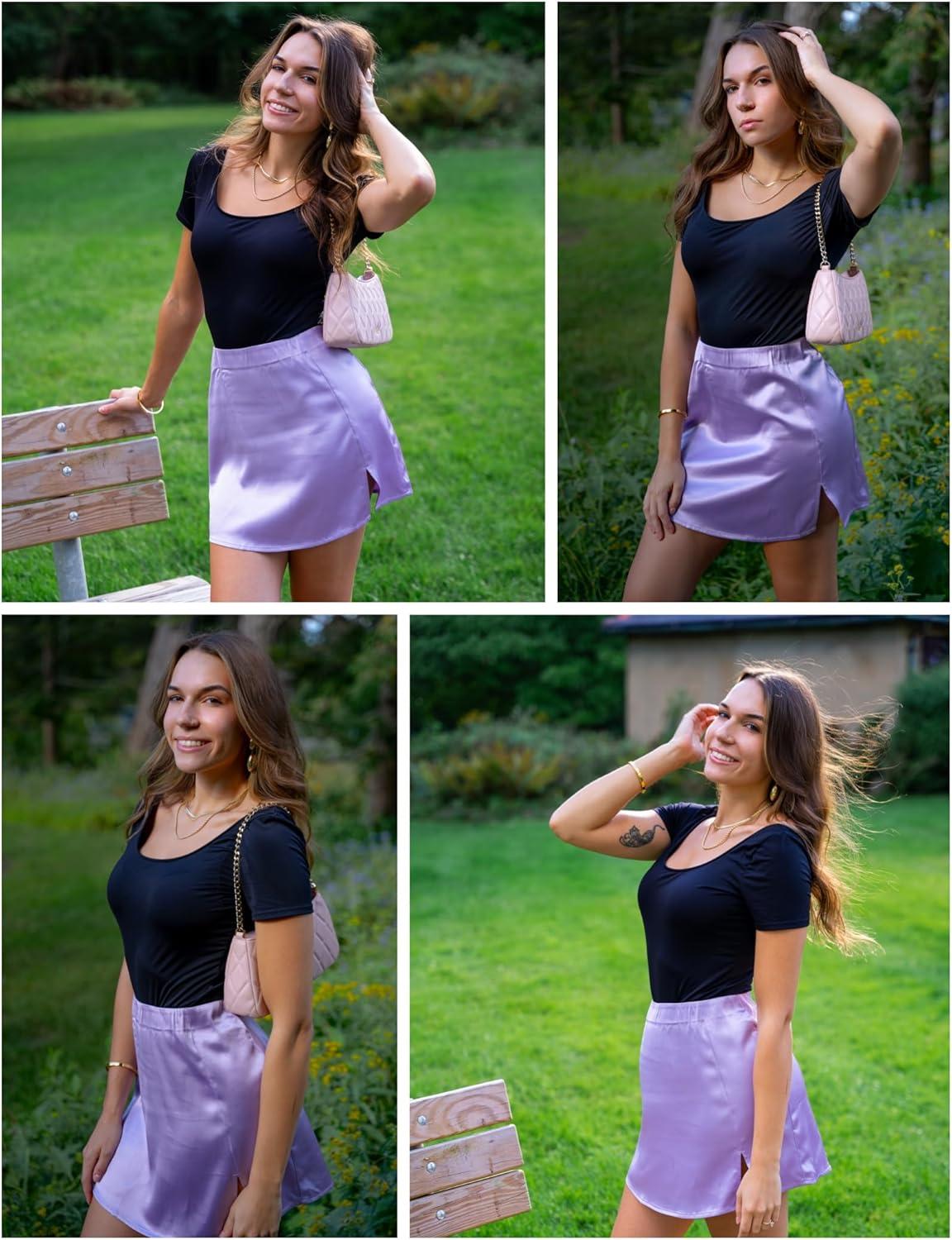 imageZeagoo Womens Mini Skirts Elastic High Waisted Satin Silk ALine Zipper Split Slit 2025 Party SkirtPurple