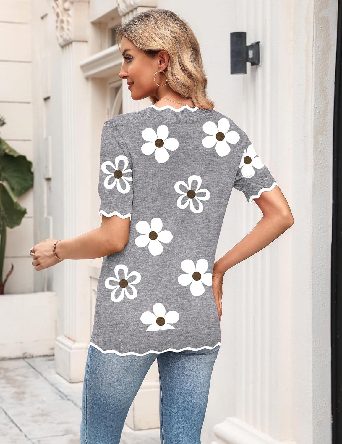 imageZeagoo Womens Short Sleeve Sweater 2026 Spring Summer V Neck Lightweight Tops Dressy Blouses Business Casual OutfitsAflower Grey